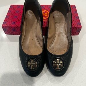 Tory Burch Black Leather Flats with Gold Logo